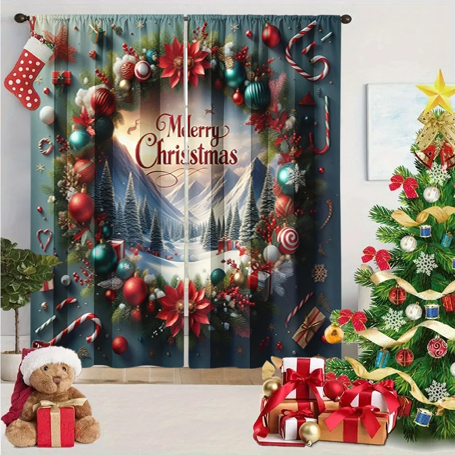 2PCS Christmas Winter Curtains, Christmas Wreath Snowy Mountain Pine Forest, Digital Print, Bedroom Living Room, Home Decor