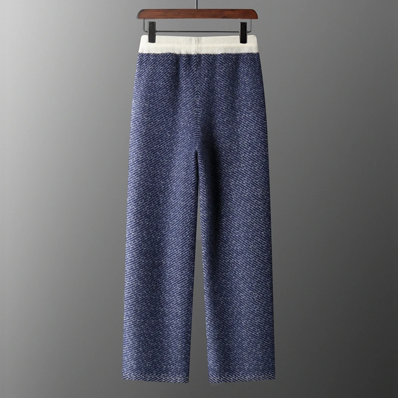 Autumn and Winter New 100% Merino Wool Pants Men's Thick Jacquard Knitted Outerwear Sports Pants Straight Leg Pants for Warmth