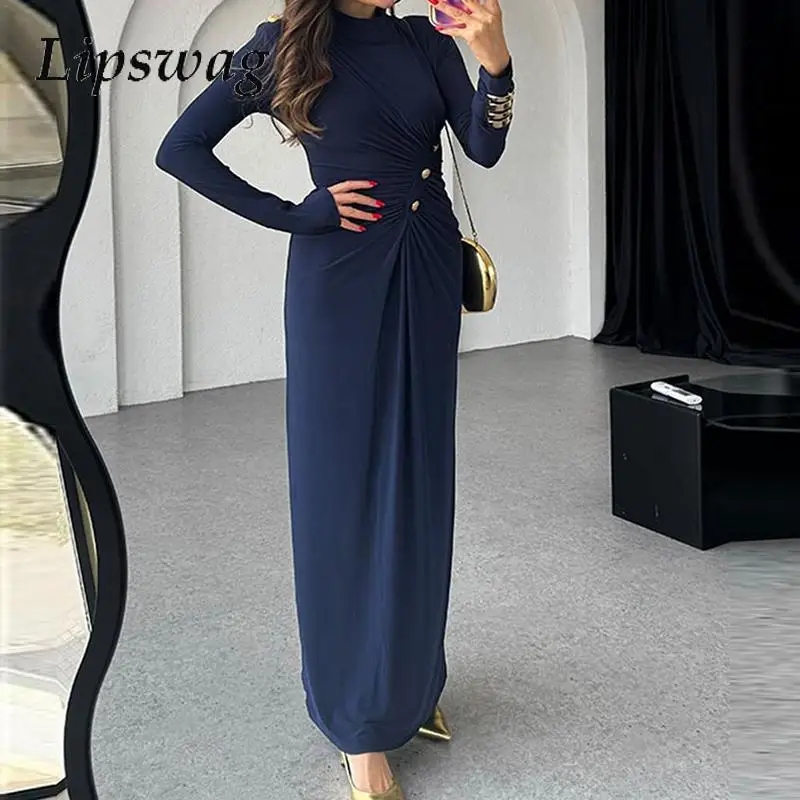 

Fashion Long Sleeve Skinny Party Dress Women Solid O-Neck Banquet Long Dress Ladies Elegant Metal Button Temperament Dress