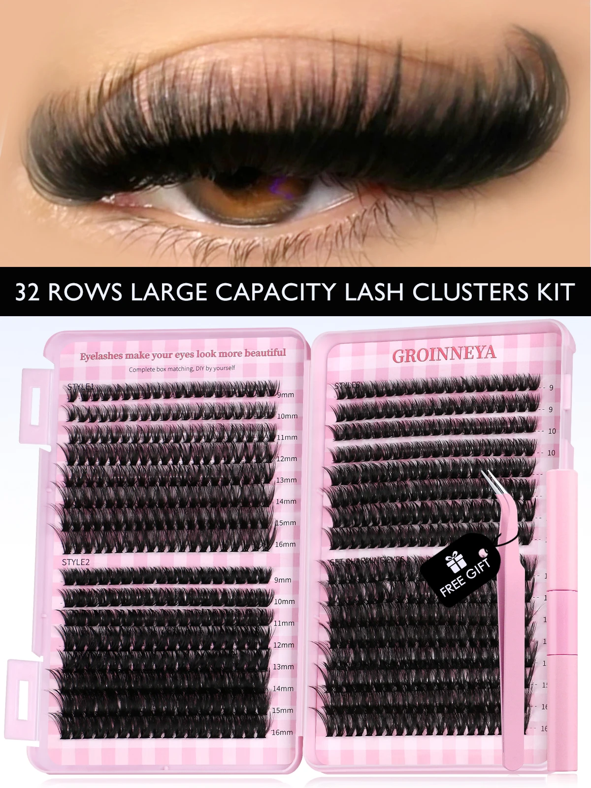 GROINNEYA Lash Clusters Kit Fluffy Soft 640 Pcs with Lash Bond & Seal Cluster Eyelash Extensions Eyelash Clusters Kit DIY at Hom