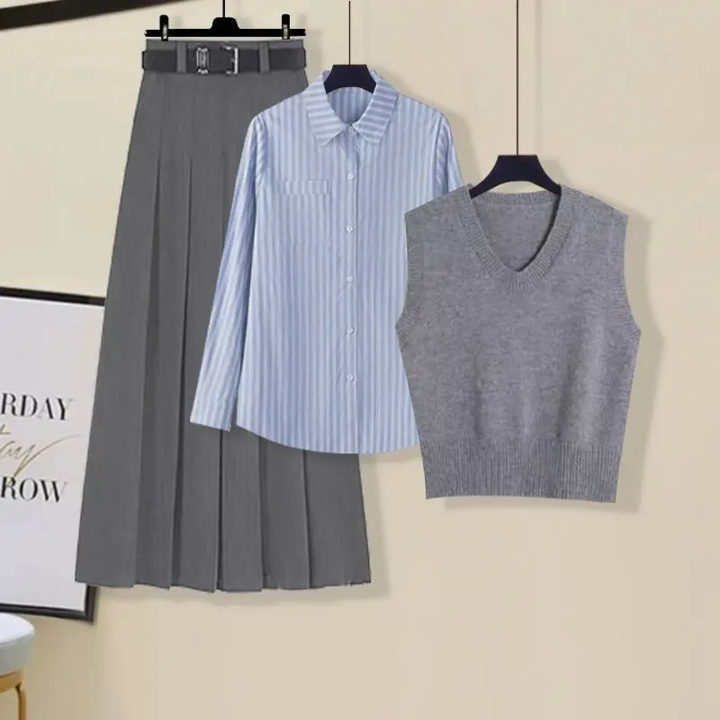 Camisas a rayas para primavera y otoño para mujer, chaleco de punto, faldas por debajo de la rodilla de cintura alta, conjunto de 1 o 3 piezas, camisetas sin mangas grises para mujer, blusa, falda, trajes