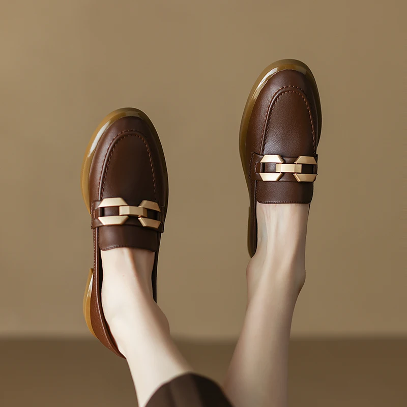 

Women Genuine Leather Metal Buckle Loafers Round Toe Slip On Chunky Heel British Style Casual Shoes