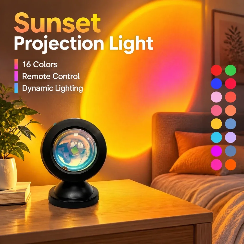 1pc Vibrant Sunset Projection Light - 16-Color Spectrum USB Remote Control Dynamic Color Changing LED Light - Creates Warm Hom