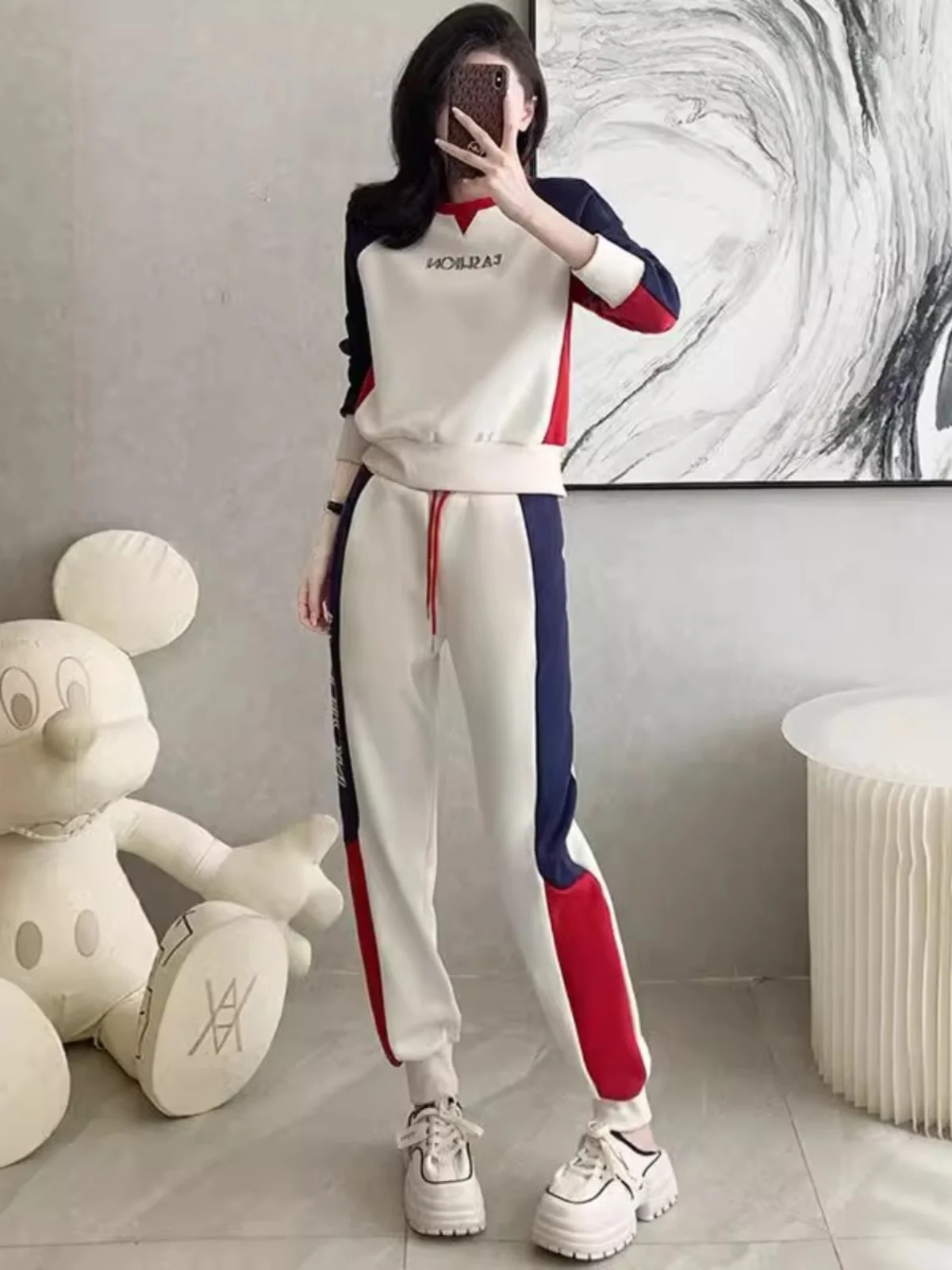 

Korean Sle Faionable Fce Lined Casual Sports Set Women's Long Sve Sweatpants And Hoodie Two Piece Set Autumn Spring...