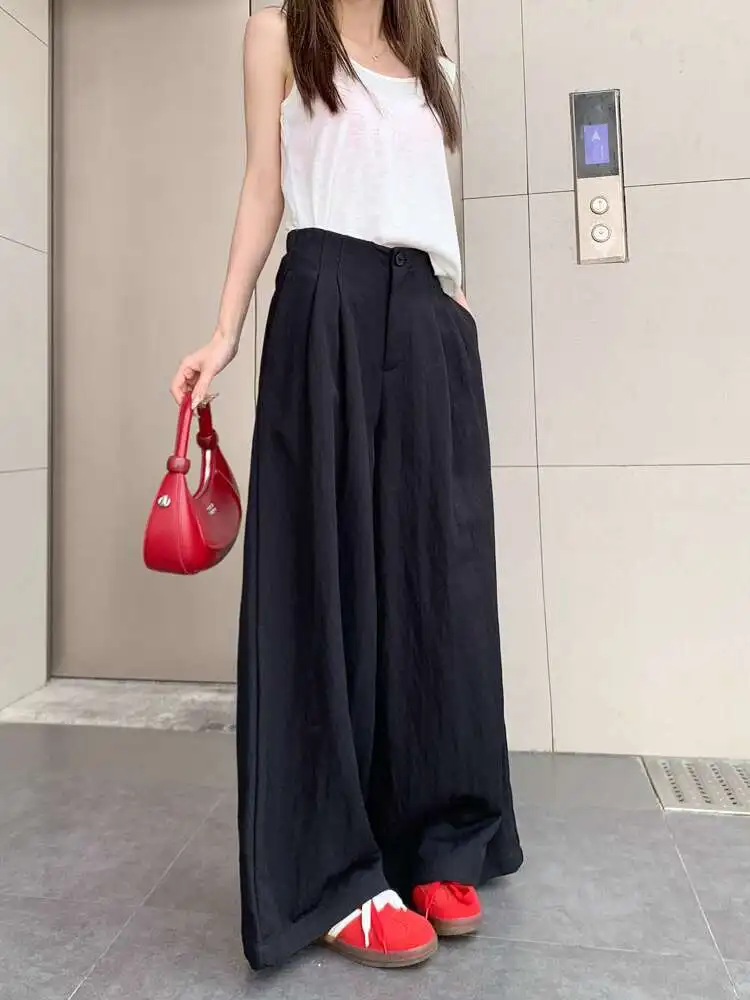 Summer White Casual High Waist Pants Woman's Ice Silk Pants Woman's Drape Floor Mop Pants Straight Loose Wide Leg Long Pants