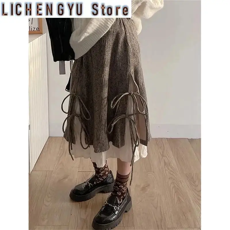 New Harajuku Vintage Irregular Skirt Women Ruffle Patchwork Pleated Skirt Fashion Bow Kawaii Holiday Lazy Wind Midi Skirt