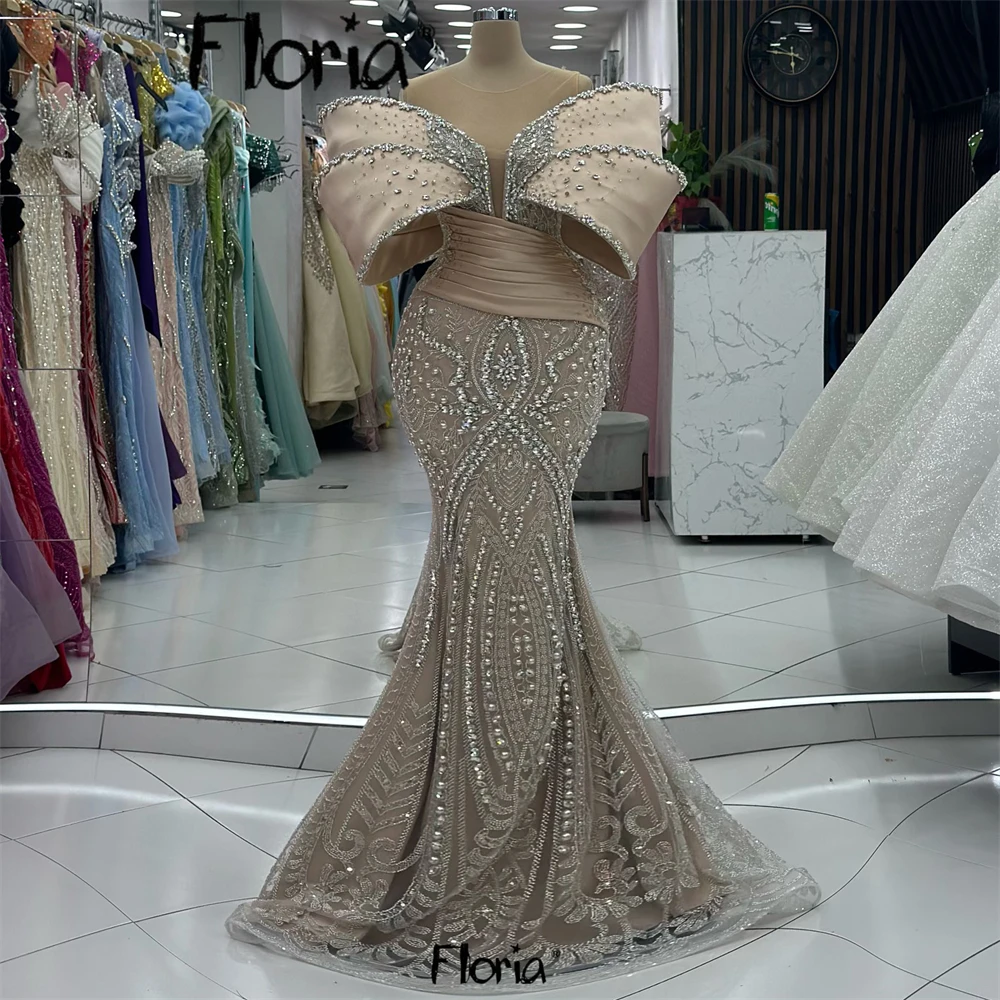 Plus Size Customized Arabic Evening Dress Nude Champagne Wedding Party Gowns Off Shoulder Heavy Crystal Formal Night Dinner Gown