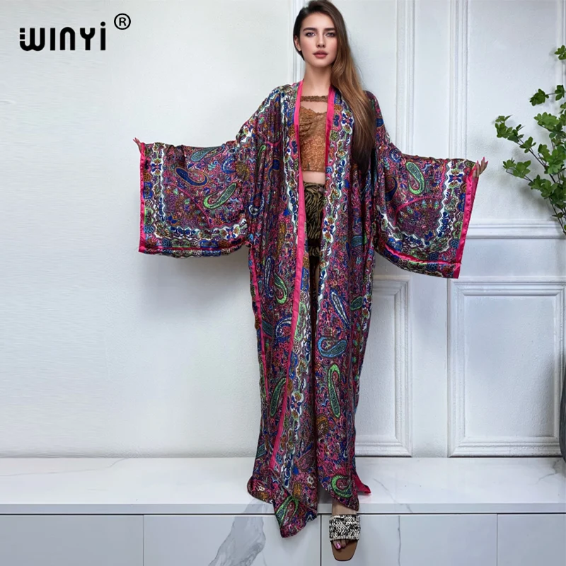 WINYI kimono Africa beach wear cover-ups Classic cashew print Cardigan beach outfits for women vestidos swimwear silk feelcoat