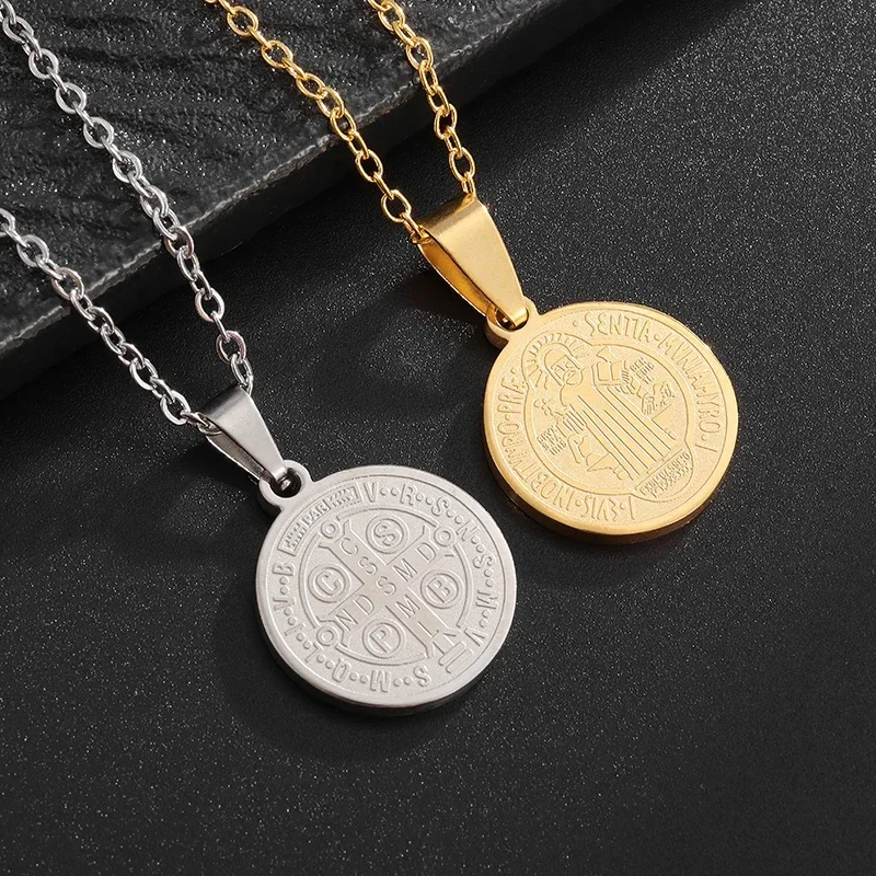 Exquisite Catholic St. Benedict Necklace Stainless Steel Round Medal Christian Jesus Cross Pendant Men and Women Amulet Jewelry