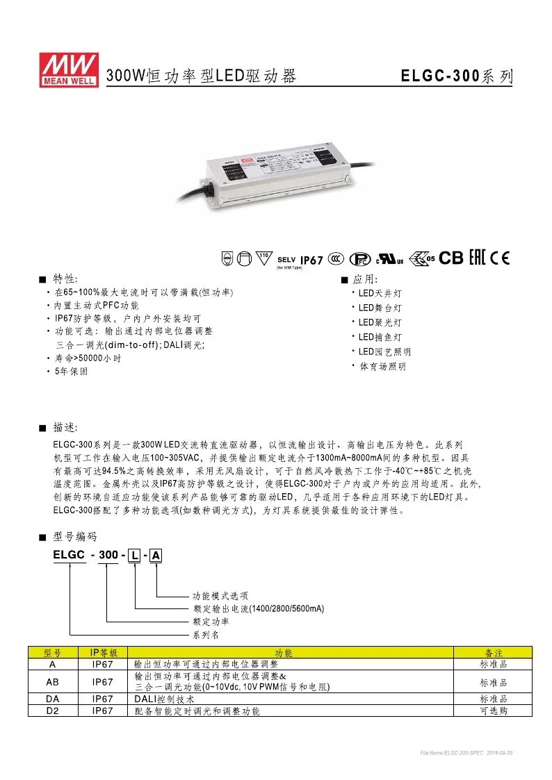 ELGC-300-H-AB 300W 5600mA Taiwan Mingweisheng Power Waterproof Power Supply Adjustable Dimming Type