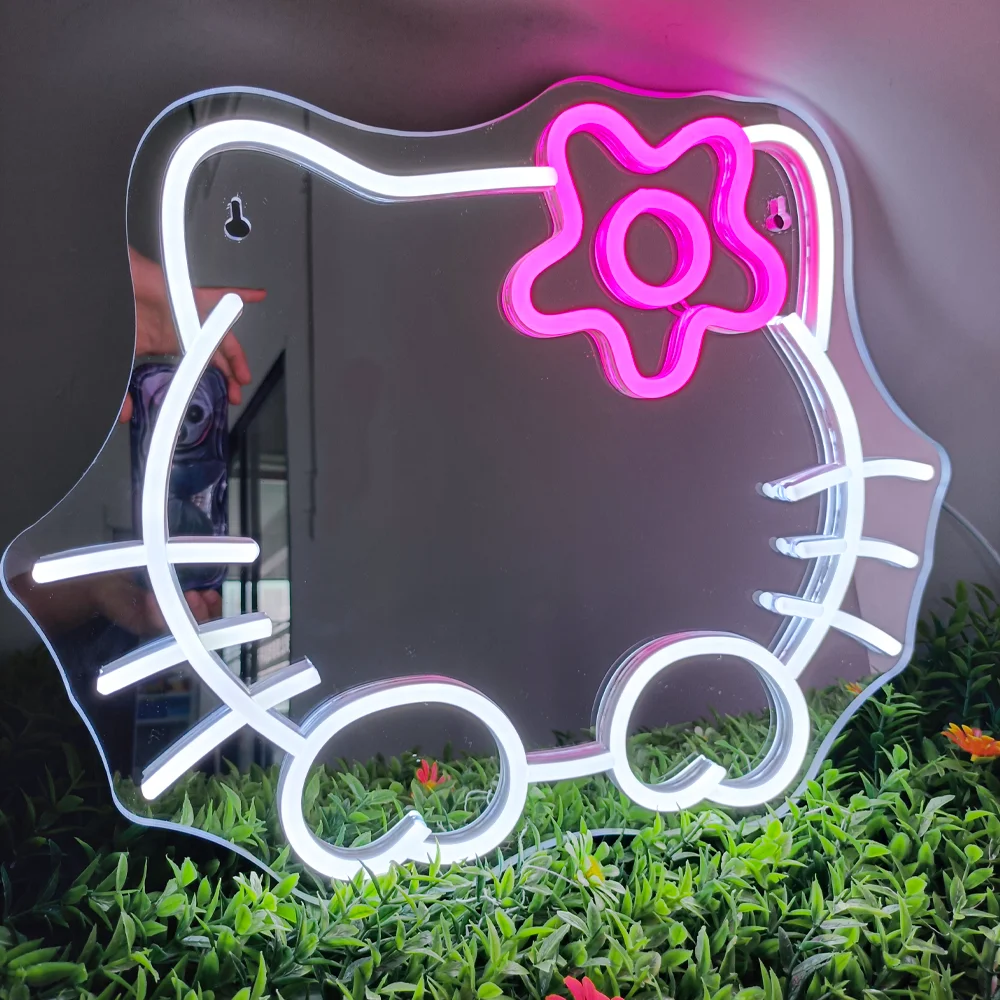 Anime Hello Kitty Mirror Neon sign Dimmable Led Neon for Dresser indoor Room Decor Wall Mirror Neon Light Kid Girl Gifts