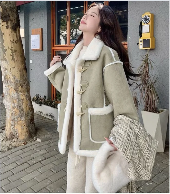 

Lamb Leather Jacket Coat Women Long Sleeve Fleece Coats Outwear Buttoned Pocket Design Trend Keep Warm Coat