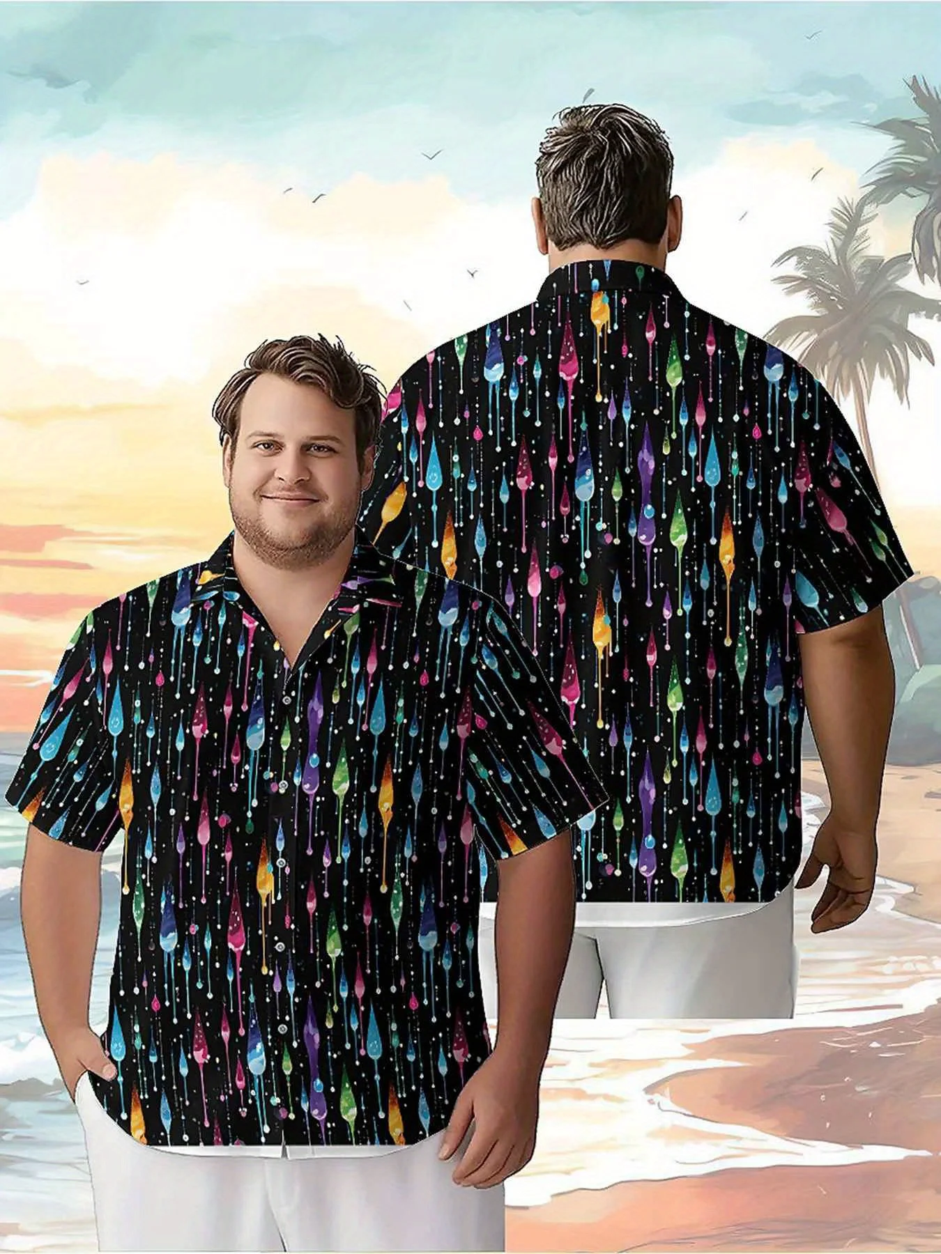

Men's Plus Size Hawaiian Shirts Rainbow Water Drops pattern, Summer Casual Tops, Suitable for Outdoor and Party, Streetwear