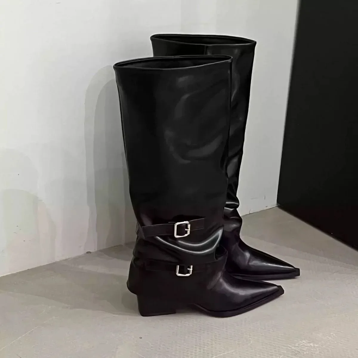 Vintage Damenstiefel mit Dickem Absatz, Frühling/Herbst, Elegante Ritterstiefel mit Gürtelschnalle – Detail 2