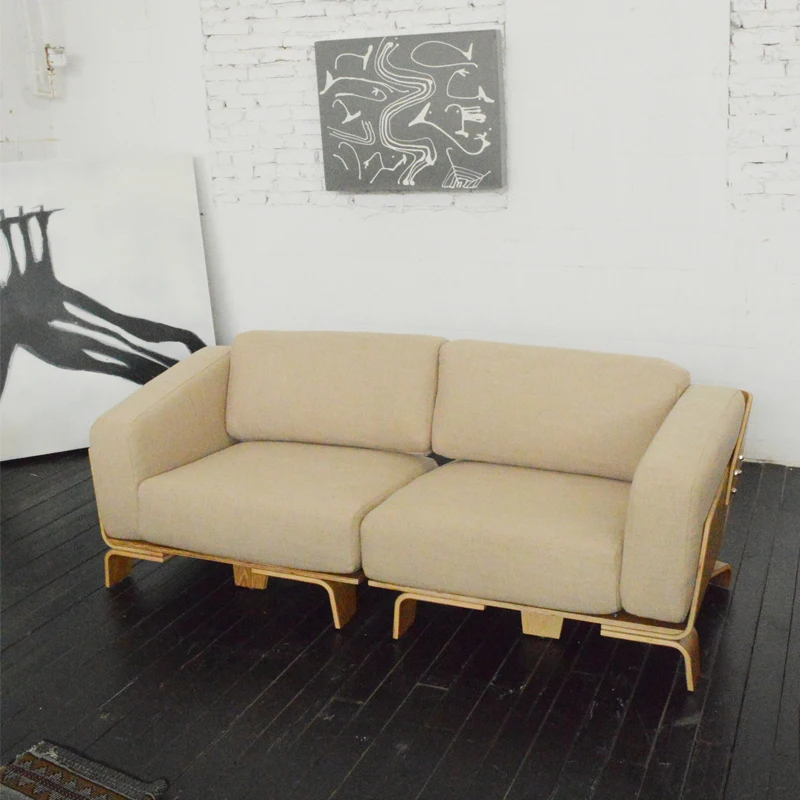 

Sofa, Nordic style fabric, small living room, curved wood style, two person full set, detachable and washable