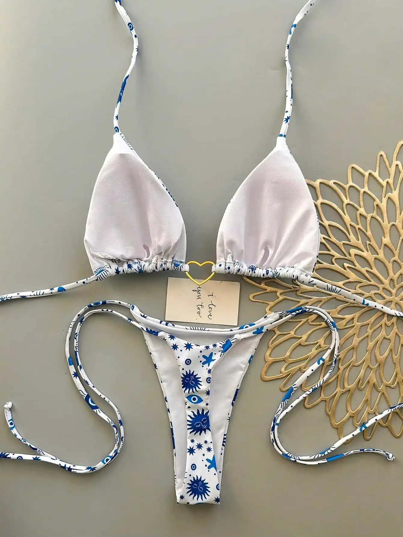 sexy blue sun print metal heart ring halter back tie bikinis sets two pieces thong swimsuits bathing suit swimwear biquini
