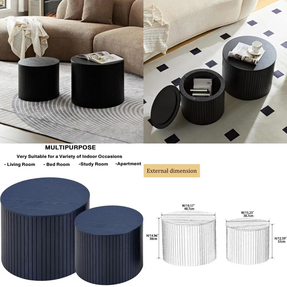 

Комплект из 2 черных круглых кофейных столиков с местом для хранения и декоративным деревянным приставным столиком-барабаном для небольших жилых помещений