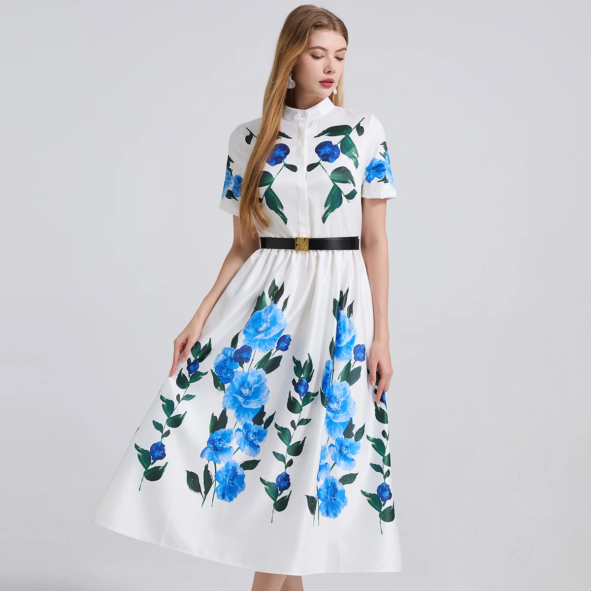 Letnia nowa koszula z nadrukiem Wąskie sukienki damskie Stójka Wysoka talia Krótki rękaw A-Line Długa sukienka Moda Party Sukienka z paskiem