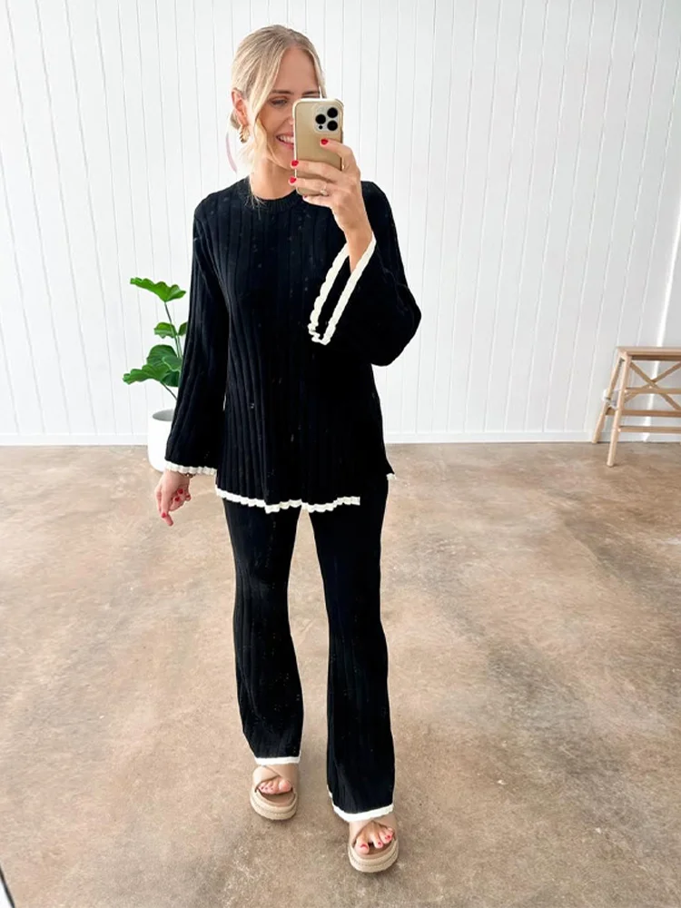 Elegant Women Contrasting Pleated Knitted Pants Suits Chic O Neck Flare Sleeves Top Wide Leg Pants Set Autumn Casual Lady Outfit