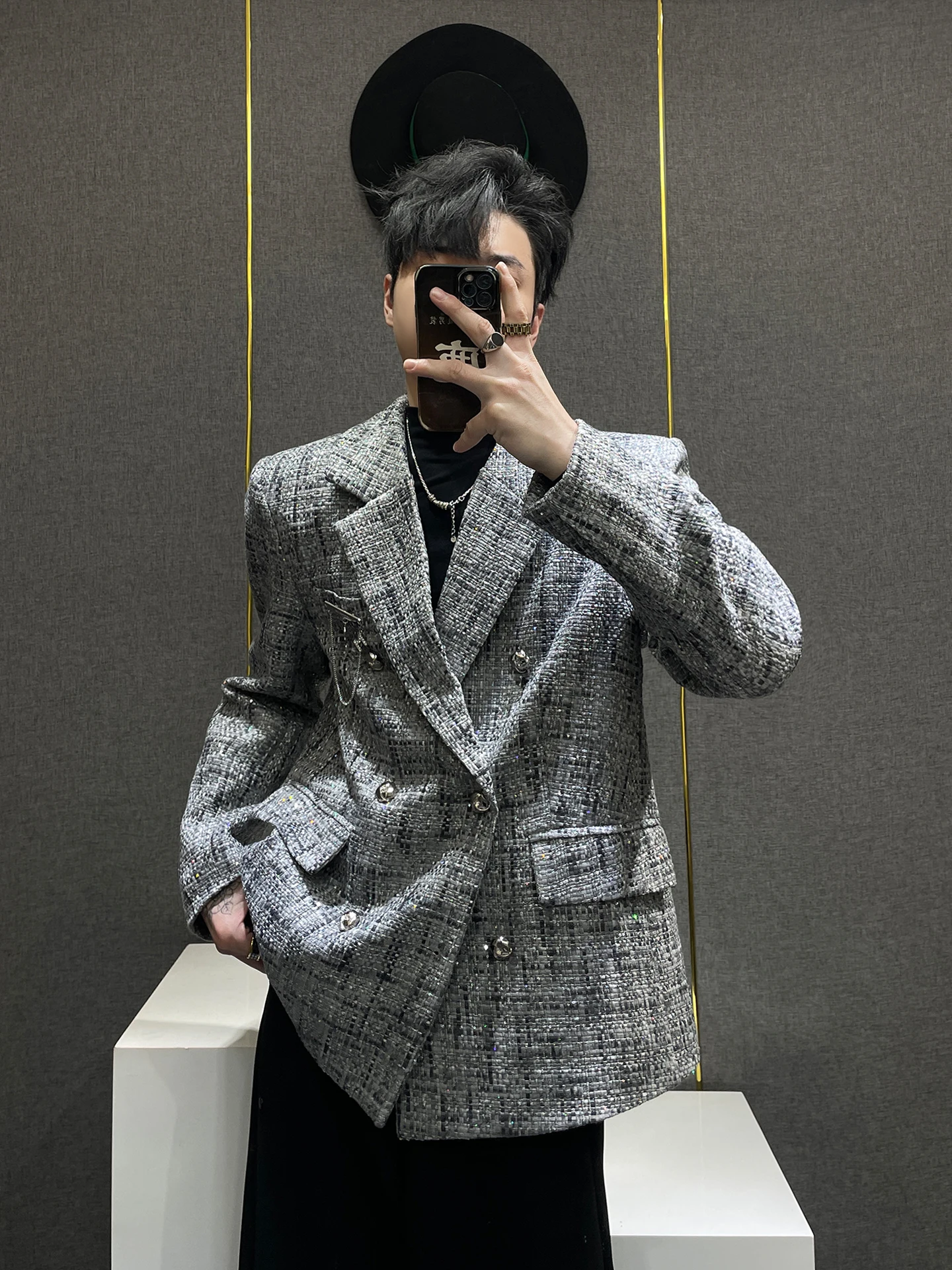 

Trendy Double-Breasted Men's Suit Jaet Autumn New Faion Casual oulder Padded Woolen Coat Urban Sle Long Sve Pure C...