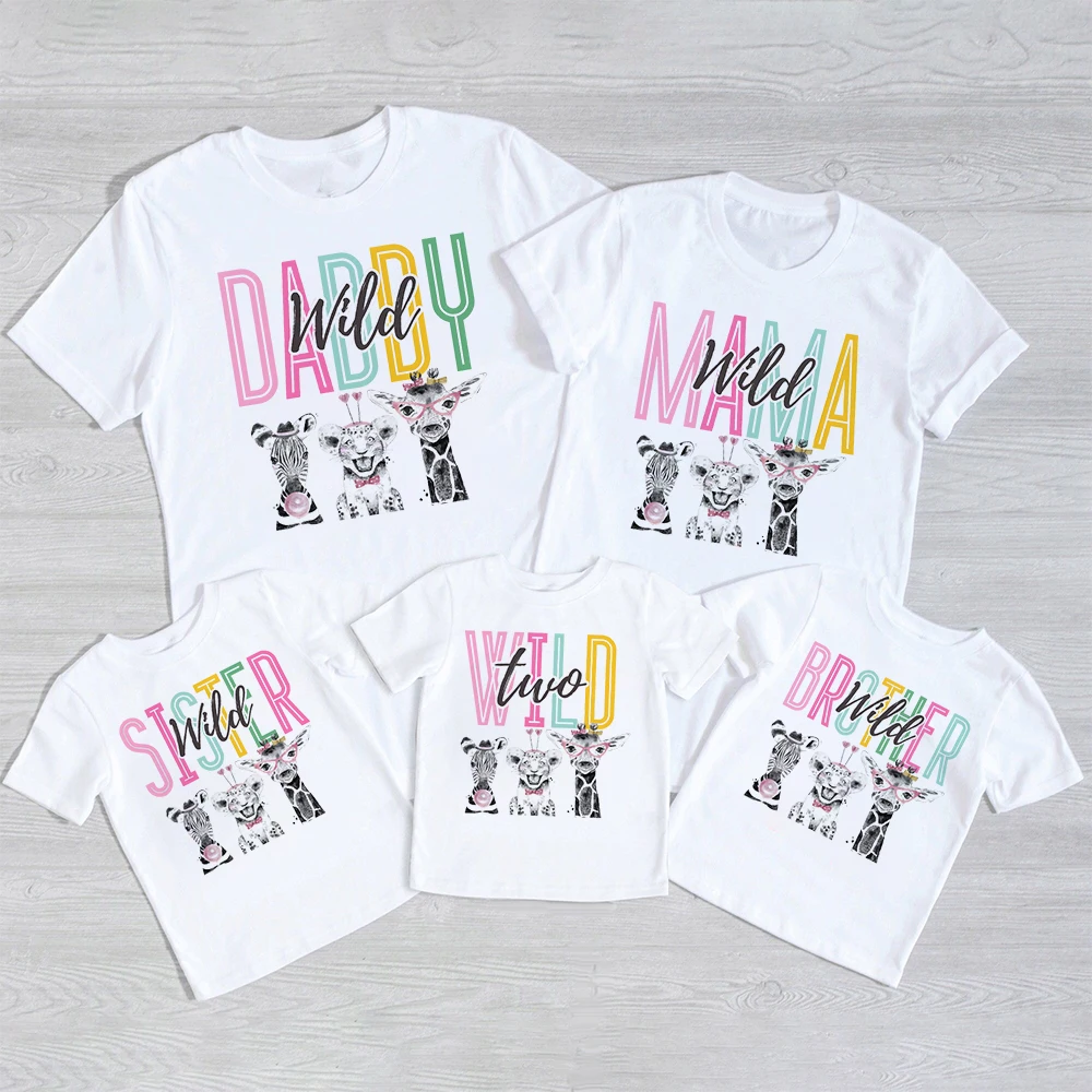 Wild Two Animal Printed Family Matching Shirts Jungle Party Dad Mom Sis Bro Kids Matching Outfit T-shirt Birthday Family Clothes