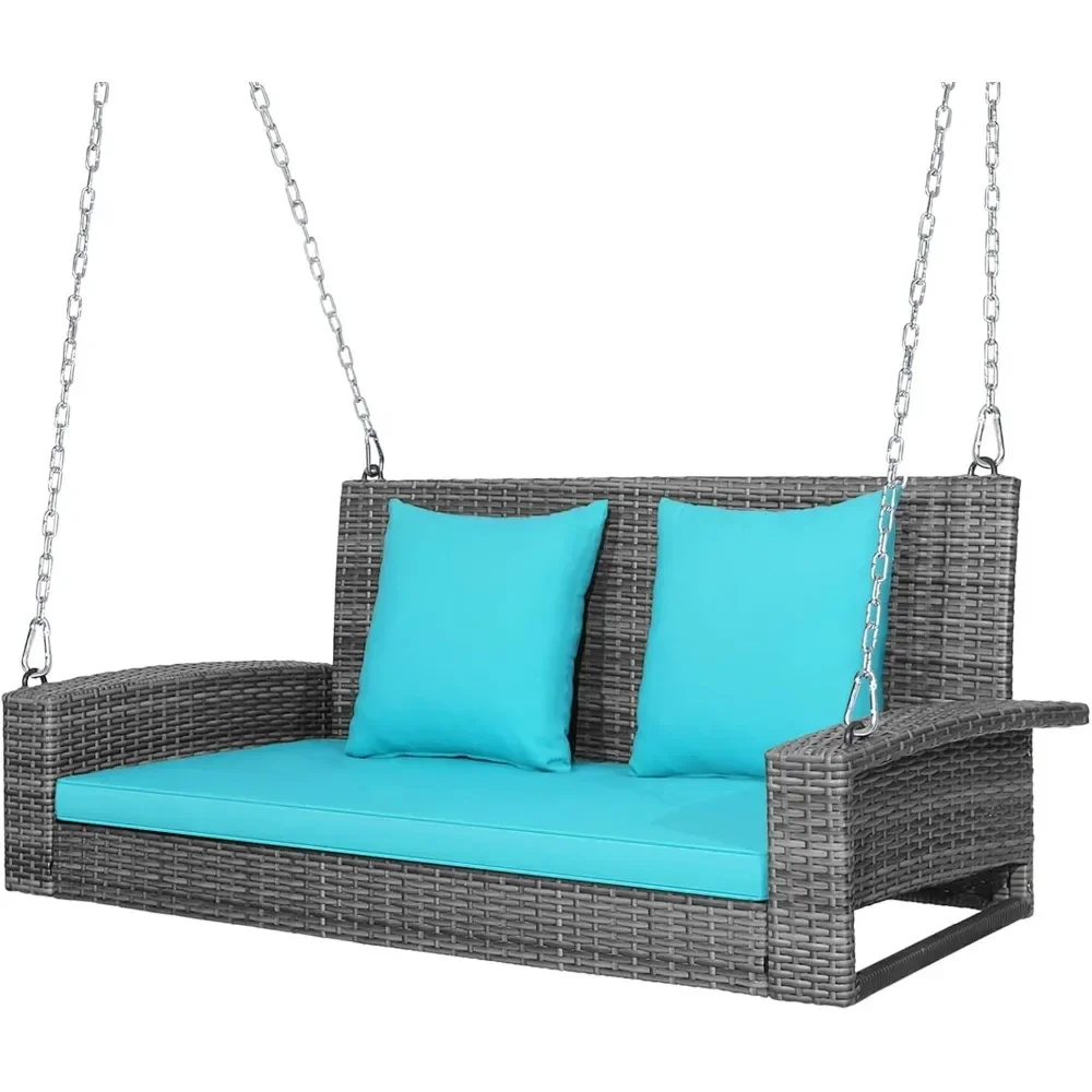 

2Person Wicker Hanging Porch Swing,Outdoor Rattan Swing with Soft Cushions and 2 Rustproof Steel Chains,800LBS Patio Swing Bench