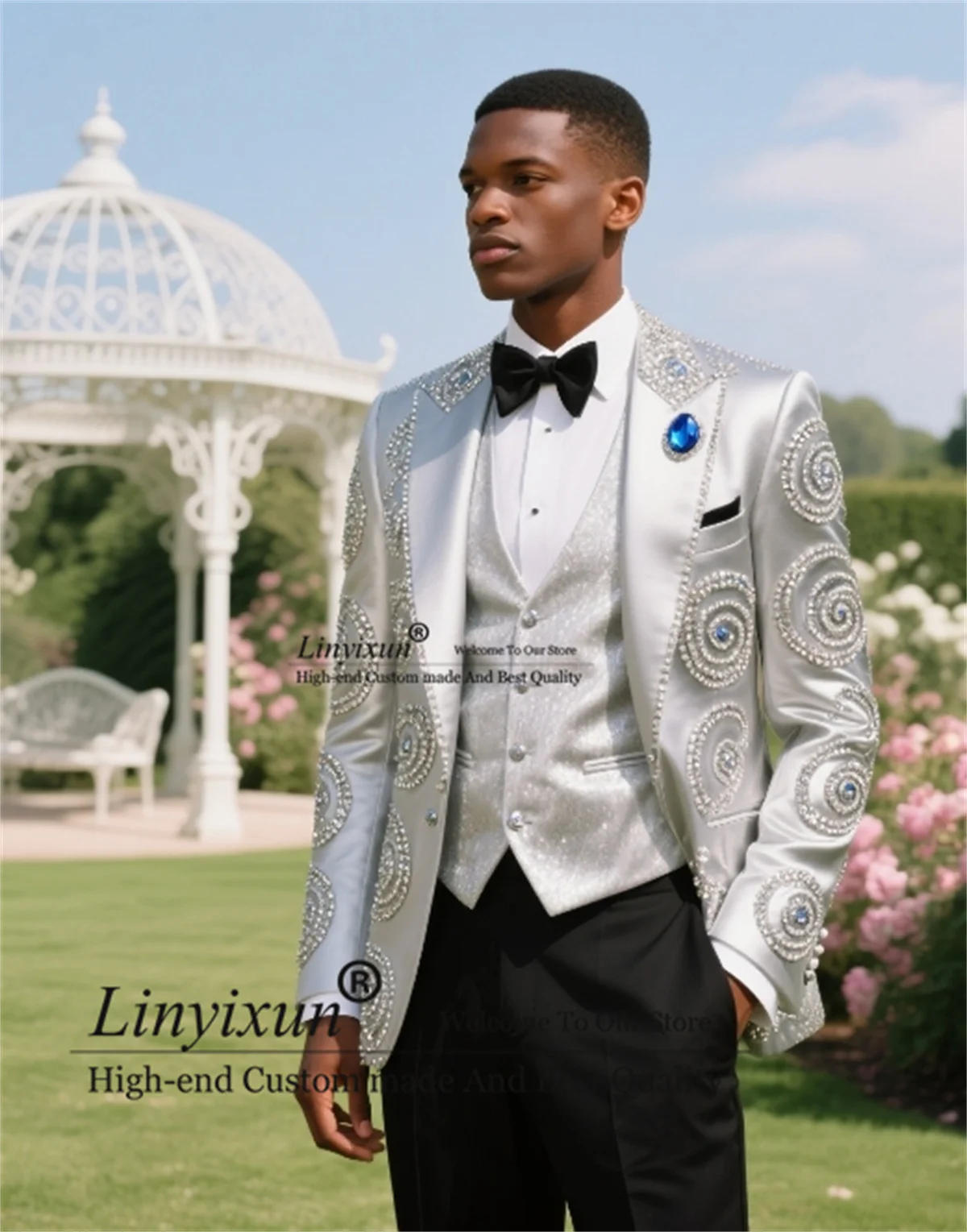 

Sparkly Plears Diamond Wedding Suit For Men 3 Pieces Sets Costume Homme Customized Groom Party Slim Fit Male Party Blazers