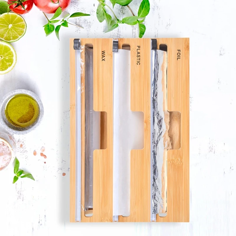 1 Piece Wrap Dispenser With Cutter, 3-In-1 Food Dispensers Plastic Wrap Wood Color Aluminum Dispenser For Kitchen