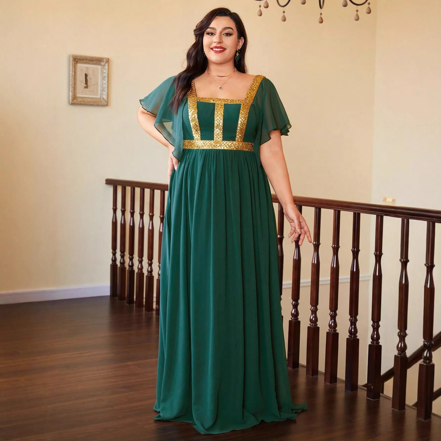 

Вечернее платье больших размеров, длинное, стройнящее, из шифона, женское, модное, элегантное, с круглым вырезом, со средней талией, летнее, для вечеринок