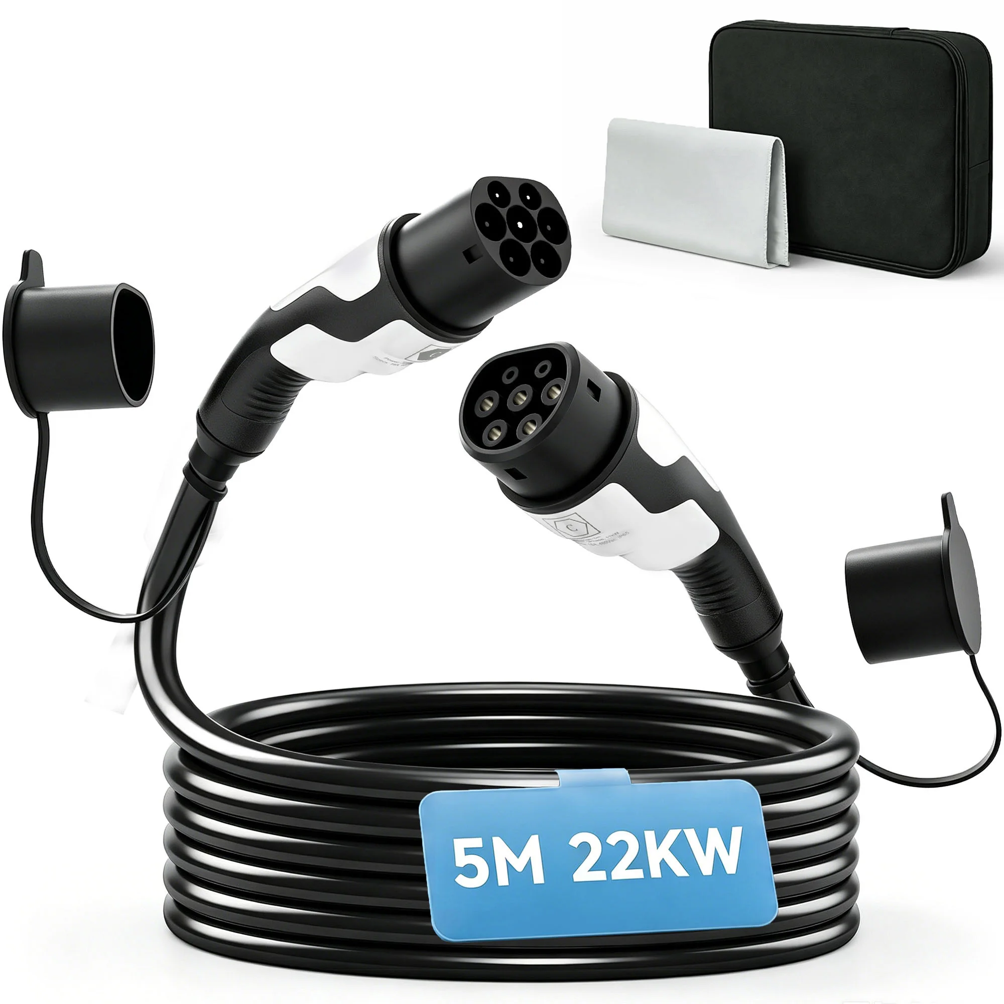Image of HOMCOM Elektroauto-Ladekabel 22kW, 5m, 32A, Typ 2 EV-Ladekabel, Modus 3, Dreiphasig mit IP65, Reinigungstuch und Aufbewahrungstasche, Schnellladung für Wallboxen und EV- und PHEV-Stationen