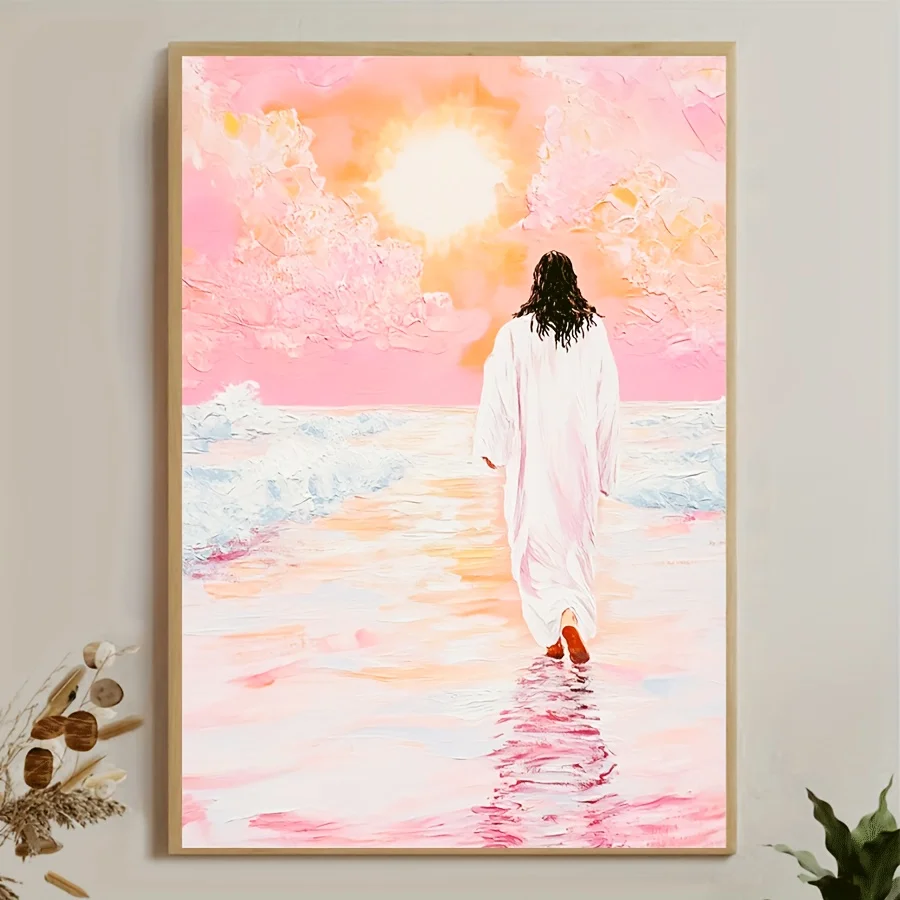 2027,[2D Flat] 1pc Frameless Vintage Christian Poster, Jesus Walking on Water Canvas Print, Pink Dreamy, for Bedroom, Bathroo