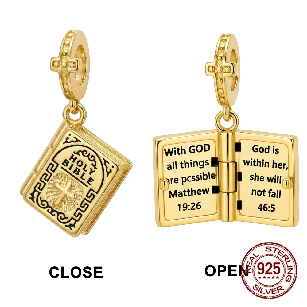 

925 Sterling Silver Hope and Salvation Book Golden Holy Bible Cross Religion Pendant Fit Charms Bracelets Women DIY Jewelry Gift