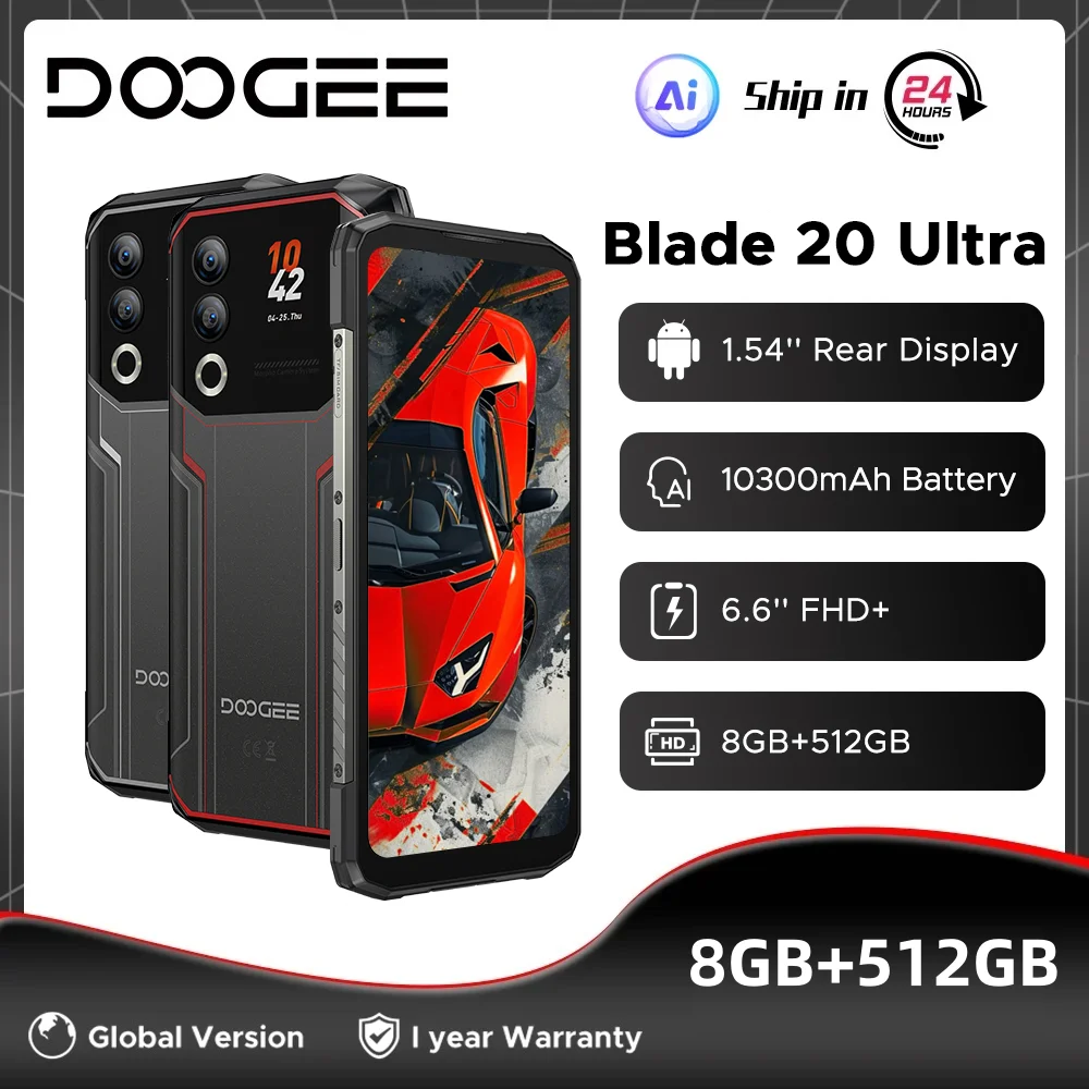 Глобальная версия DOOGEE Blade20 Сверхпрочный телефон 32 ГБ (8 + 24) 512 ГБ 6,6 дюйма HD + аккумулятор 10300 мАч Смарт-задний дисплей 50 МП Камера NFC