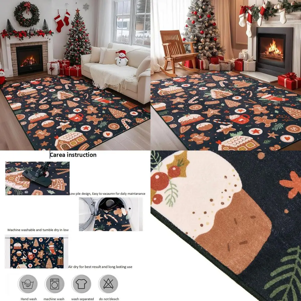 

Vintage 4x6 Christmas Rugs: Washable, Non-Slip, Ultra Thin, Funky Gingerbread & Cookie Design, Ideal for Living Room, Bedroom, K