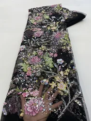 1 Yards African Sequins Beads Lace Fabric 2025 High Quality 3D Flower French Mesh Tulle Embroidery Wedding Bridal Lace Material