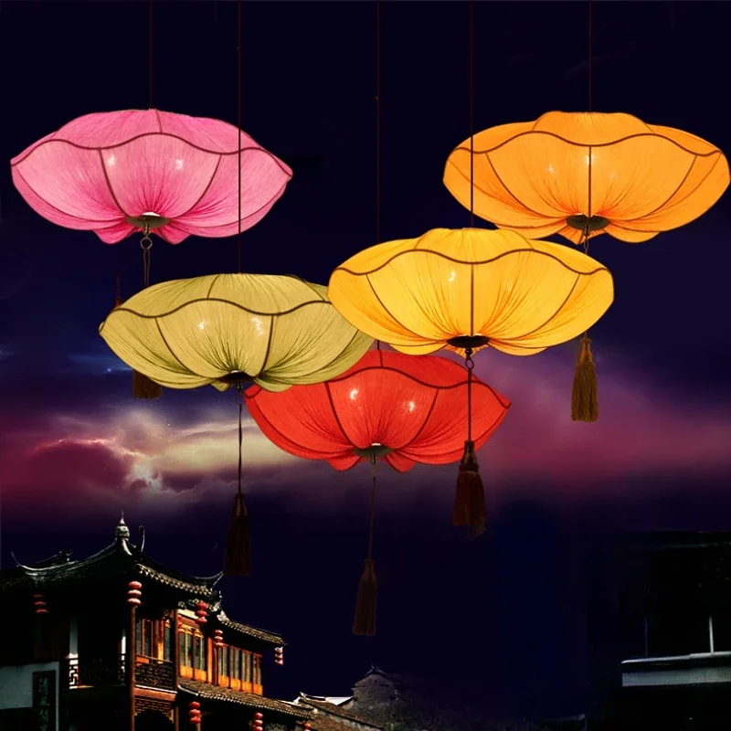 New Chinese style lantern pendant lamp club hall restaurant hot pot restaurant Zen tea room corridor antique lotus leaf lighting