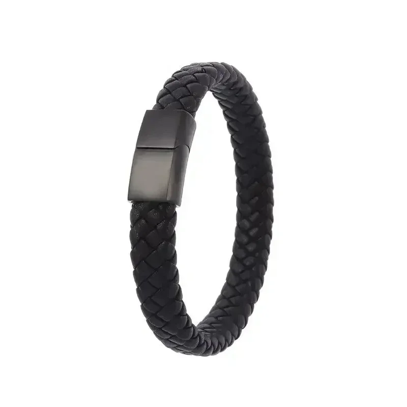 Classic Single Layer Black Hand Woven Leather Bracelet with Metal Magnetic Clasp Men\\'s Fashion Business Jewelry Gift image 6