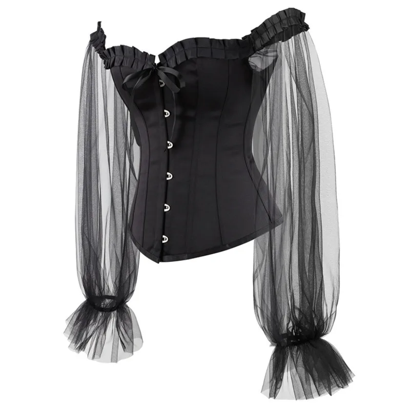 Black Gothic Bustier Top with Long Puff Sleeves for Women, Vintage Off Shoulder Overbust Corset, Body Shaping Chest Top