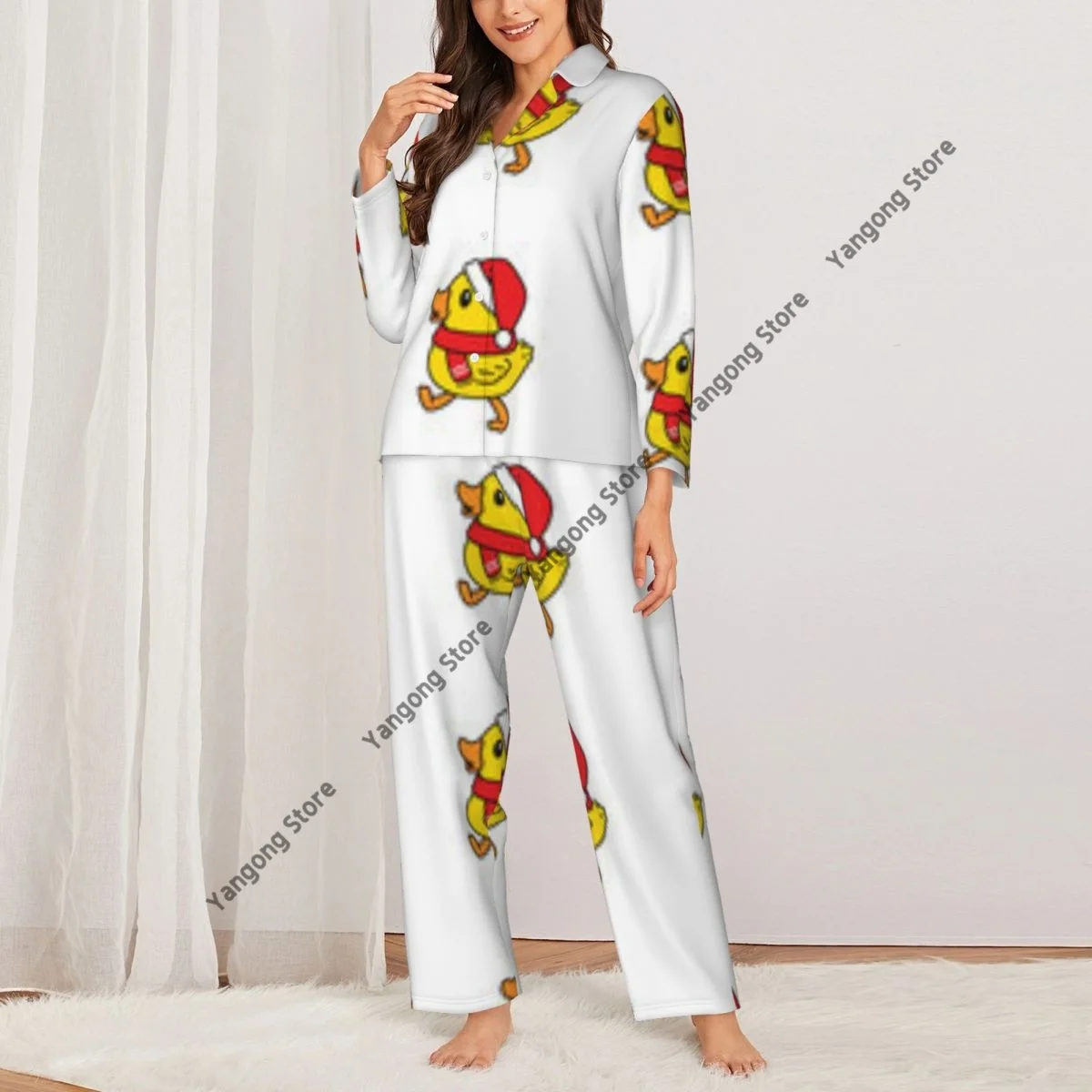 Women Sleepwear Pajamas Duck With Christmas Pattern Long Sleeve Pijama Female Set Negligee Cardigan Suit