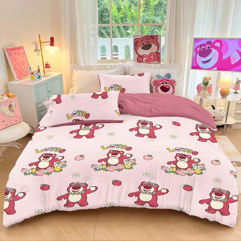 1 cartoon cute Strawberry Bear pattern printed blanket,bedroom with plush fat、quilt core,bedding (excluding pillowcase)