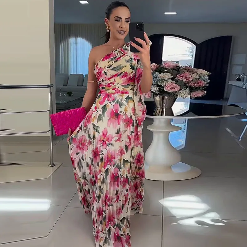 

Elegant Off-the-Shoulder Pleated Printed Dress Flower Pattern Sexy Autumn Collection 2025