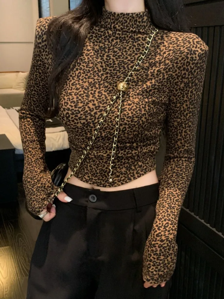 

Faux Fur Lined Leopard Print T-Shirt Women's Short Shoulder Padded Long Sleeve Half High Collar Base Shirt Inner Wear Autumn ...