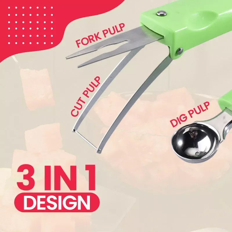 3 In 1 Multifungsi Baja Tahan Karat Melon Baller Pemotong Dapur Semangka Ukiran Pisau Buah Menggali Alat Sendok Gadget