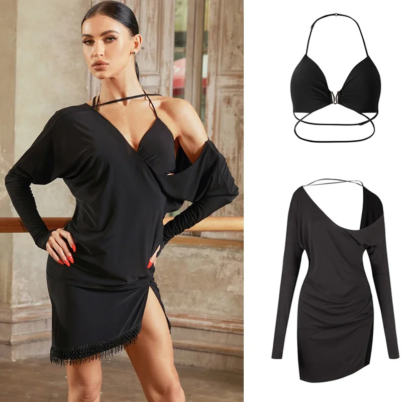 

Slant Shoulder Latin Dance Professional Dress Women Sexy Latin Fringed Dresses Adults Samba Chacha Rumba Dancing Wear