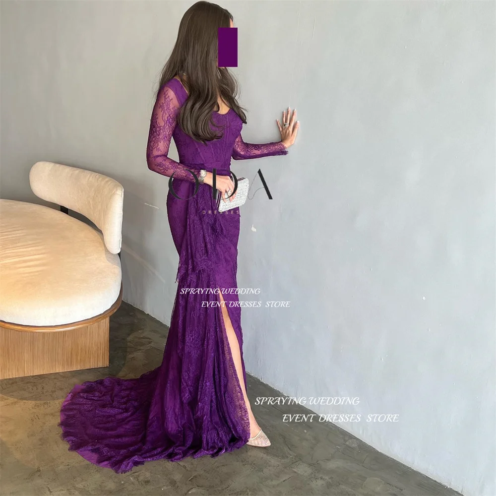 SPRAYING Mermaid Evening Party Dresses Lace Long Sleeves Sweetheart Prom Dress Floor Length Split Prom Gowns Women Customized