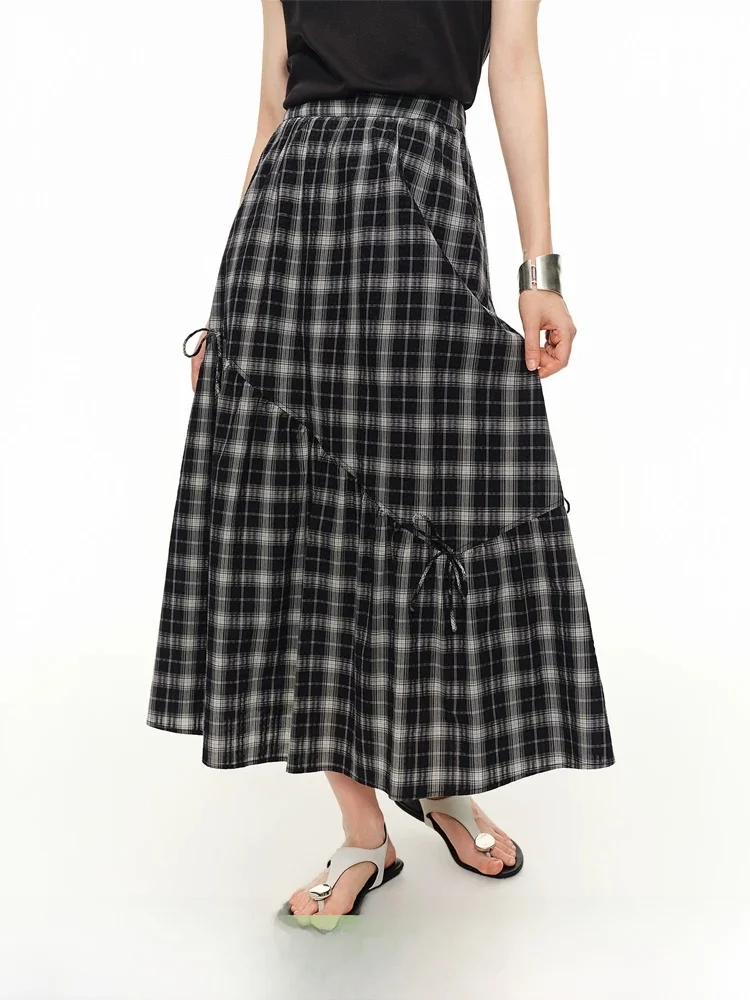 

Ретро-юбка миди с черно-белым клетчатым узором и высокой талией, женская летняя юбка 2026 года с полупрозрачной текстурой, повседневная хлопковая юбка А-силуэта