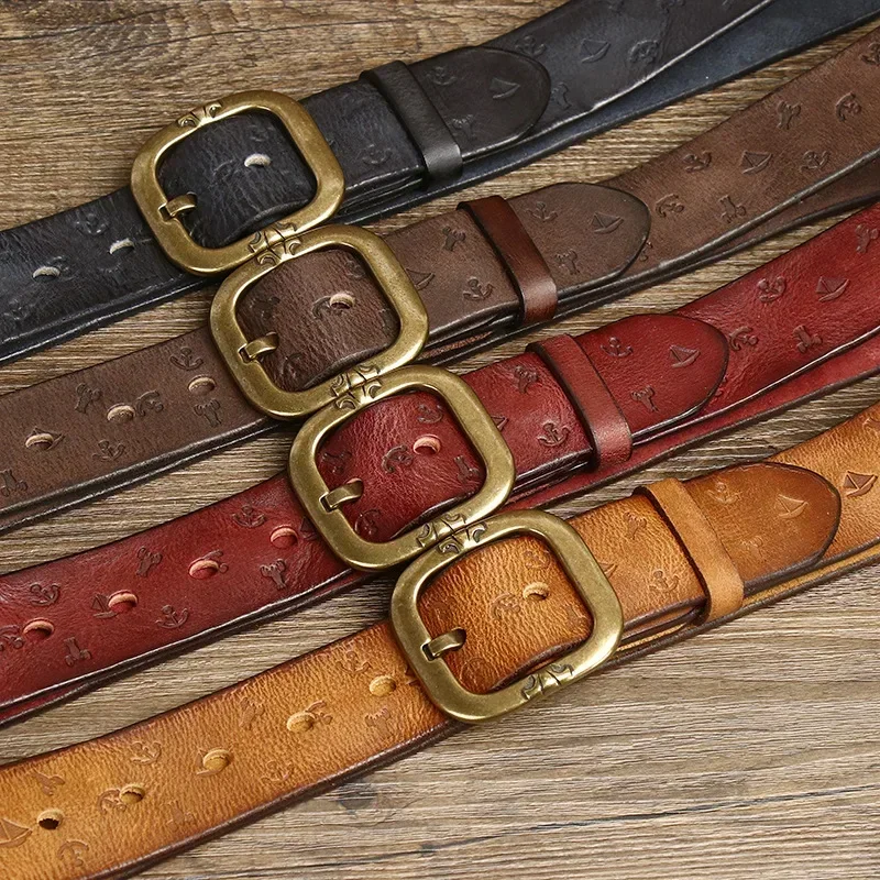 3.8CM Pure Cowhide High Quality Genuine Leather Belts for Men Embossing Strap Male Copper Buckle Luxury Designer Jeans Cowboy