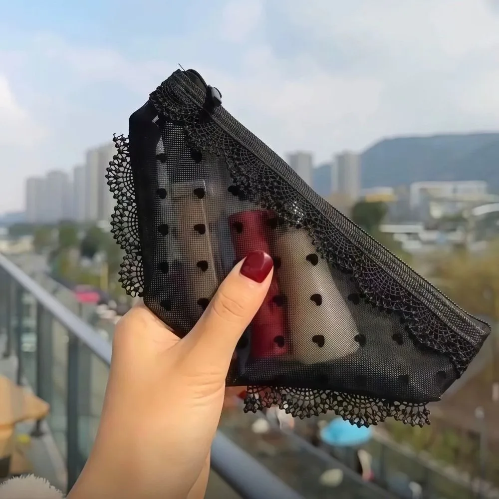 Einzigartige Slip-förmige Kosmetiktasche Transparente Netz-Make-up-Aufbewahrungstasche Y2K Spitzen-Herz Toilettentasche für Reisen – Detail 15