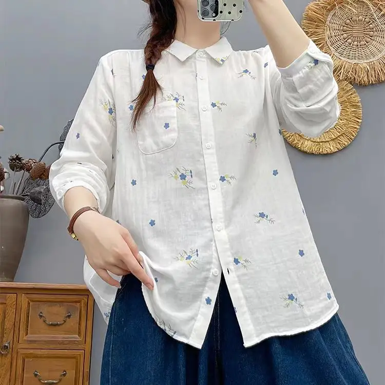 Casual Loose Women's Cotton irt Floral Print Turn-down Collar Long Sve Top Trendy Base Layer Loose Fit Autumn Faion
