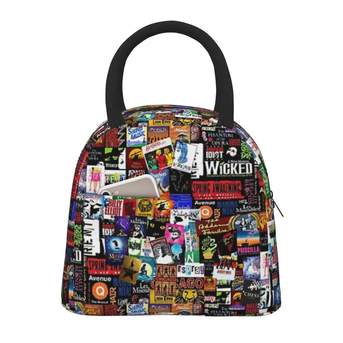 

Musicals Collage II Original Portable Lunch Bag Food Thermal Box Durable Cooler Lunchbox with Shoulder Strap Picnic Bag Office